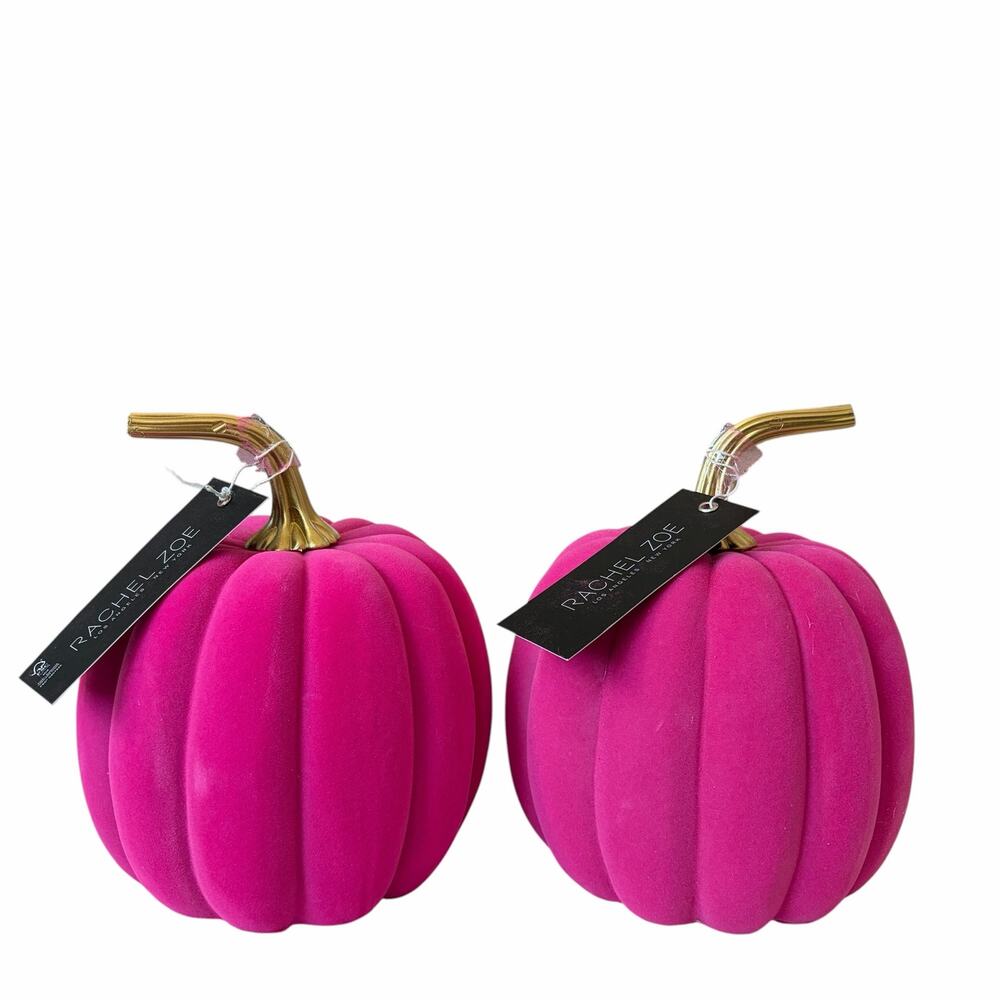 Rachel Zoe HOT PINK Flocked Pumpkins 5in Set of 2 Chic Fall Halloween Decor NEW